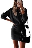 PRETTYGARDEN Women's Winter Rib Knit Pullover Sweater 2023 Fashion Fall Dresses Long Sleeve Hooded Bodycon Dress (Black,Medium)