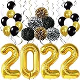 Graduation Decorations 2022 Set - Giant, Gold 2022 Balloons Numbers, 40 Inch | Hanging Swirls, PomPoms for Graduation Party Decorations 2022 | 2022 Graduations Balloons | Gold Class of 2022 Decorations