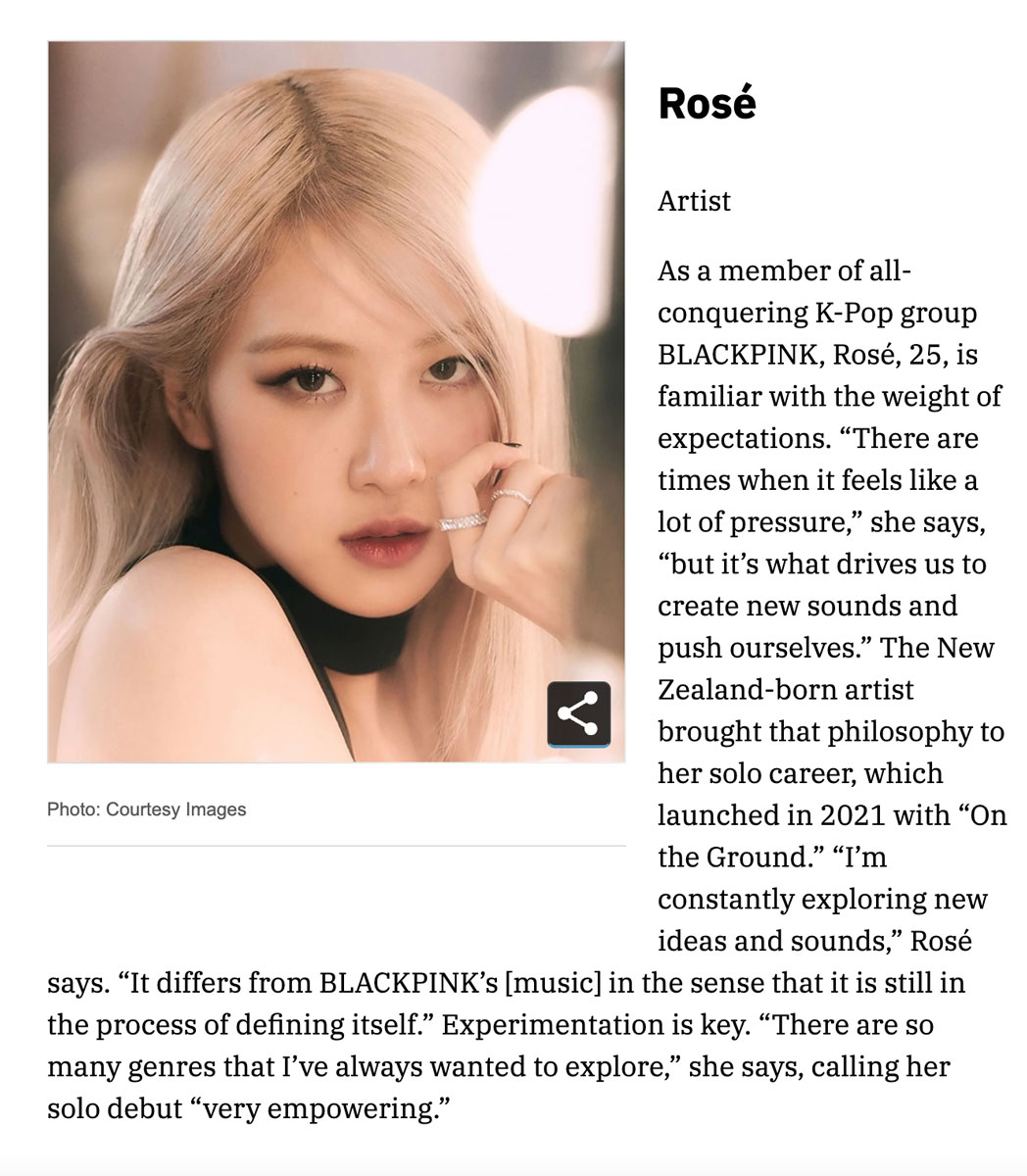 Congratulations! ROSÉ is Listed in Variety’s Power of Young Hollywood Impact Report 2022